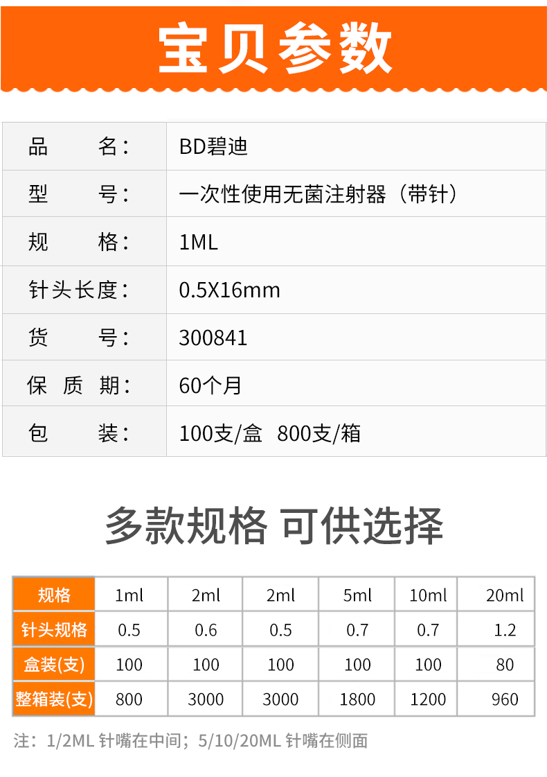 碧迪（BD）一次性使用無菌注射器 1ml（帶針）